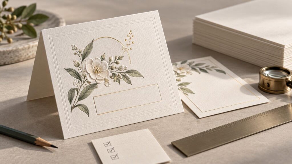 A cream folded greeting card with a raised floral illustration, embossed border, and blank rectangular label area stands on a worktable beside matching flat cards, a stack of paper, a metal ruler, pencil, small checklist sheet, and brass magnifier.