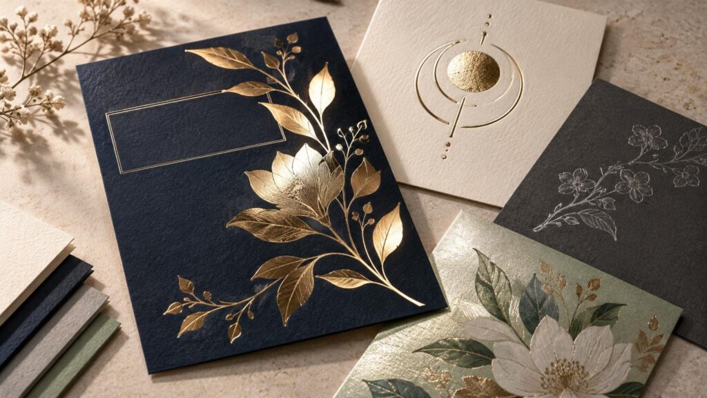 Editorial still life of unbranded stationery cards on a stone surface, including a navy card with reflective gold botanical foil, a cream card with circular gold foil details, a charcoal floral card, and a pale green card with metallic floral artwork beside stacked paper sheets.