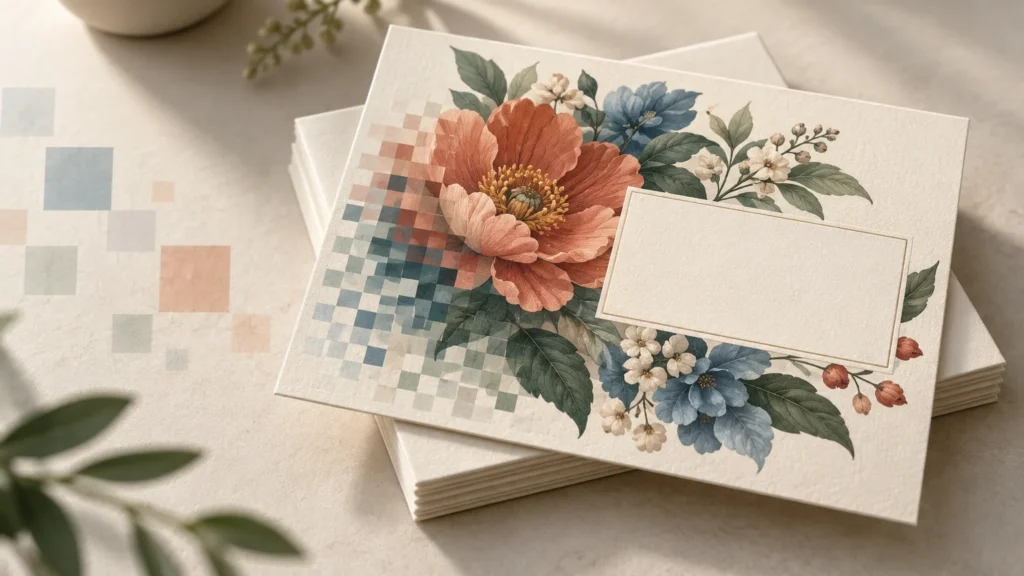 A textured cream card with a floral illustration, a pixelated section on the left, and a blank bordered rectangle, resting on a stack of matching cards in warm sunlight.