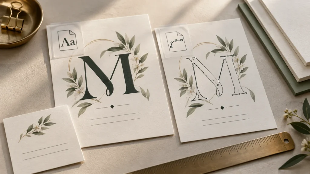 Editorial flat lay of two cream botanical stationery cards comparing a solid dark green letter M with an outlined M showing vector anchor points, surrounded by paper stacks, a brass ruler, binder clips, and greenery.