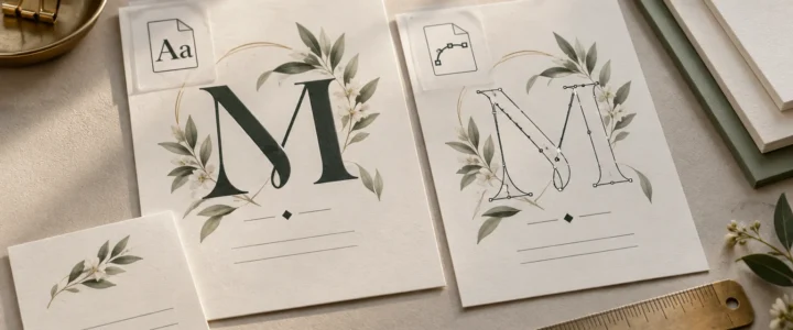Editorial flat lay of two cream botanical stationery cards comparing a solid dark green letter M with an outlined M showing vector anchor points, surrounded by paper stacks, a brass ruler, binder clips, and greenery.