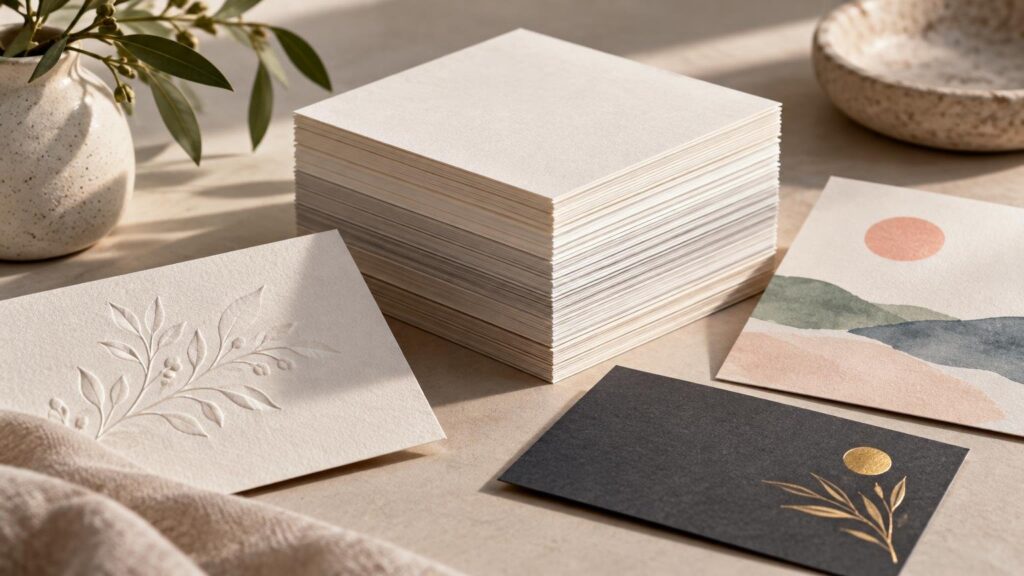 Warm editorial still life of a tall stack of cream cardstock surrounded by sample cards with embossed botanical artwork, abstract color shapes, and gold-foil accents.
