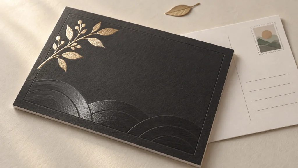 Black textured stationery card with a gold-foil botanical branch and subtle embossed wave pattern, resting over a cream postcard with blank address lines and a decorative landscape stamp illustration.