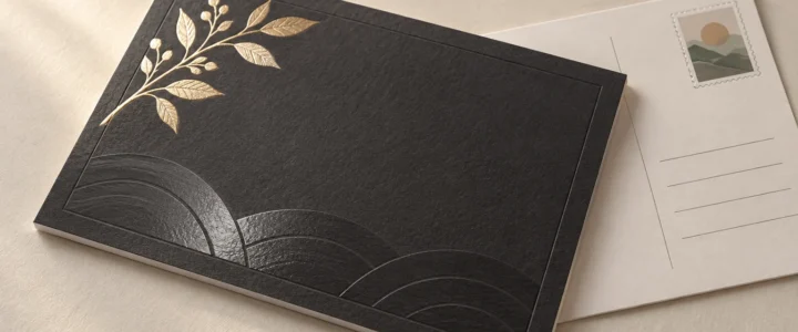 Black textured stationery card with a gold-foil botanical branch and subtle embossed wave pattern, resting over a cream postcard with blank address lines and a decorative landscape stamp illustration.