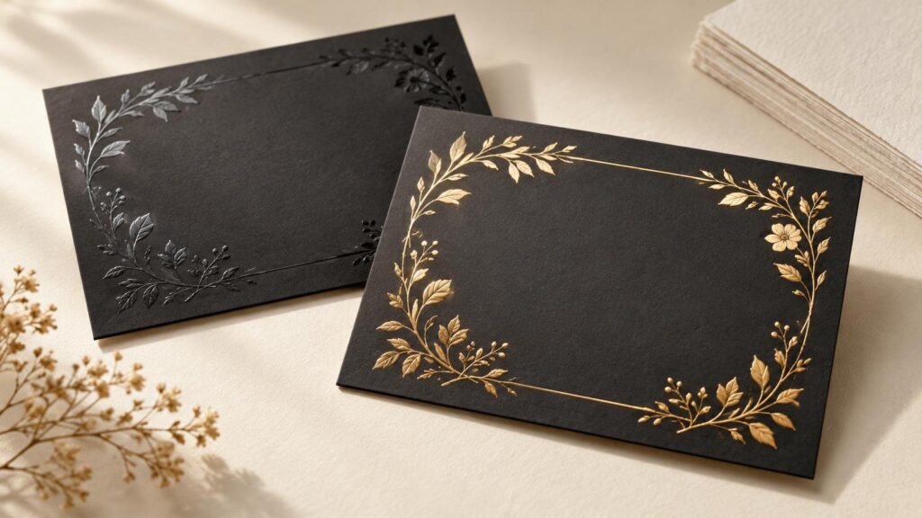 Two dark, blank stationery cards on textured cream paper: a foreground card has a reflective gold botanical border, while a card behind it has a darker glossy botanical border; a stack of pale paper sits at upper right.