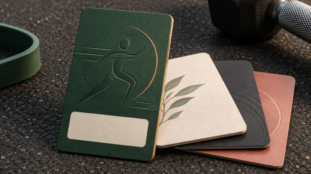 Four tactile sample cards on a dark textured surface beside a green exercise band and a black dumbbell handle. A deep green upright card has an embossed running figure, copper-toned curved accent, and a blank cream panel; stacked cream, charcoal, and muted coral cards show leaf and line artwork with visible layered paper edges.