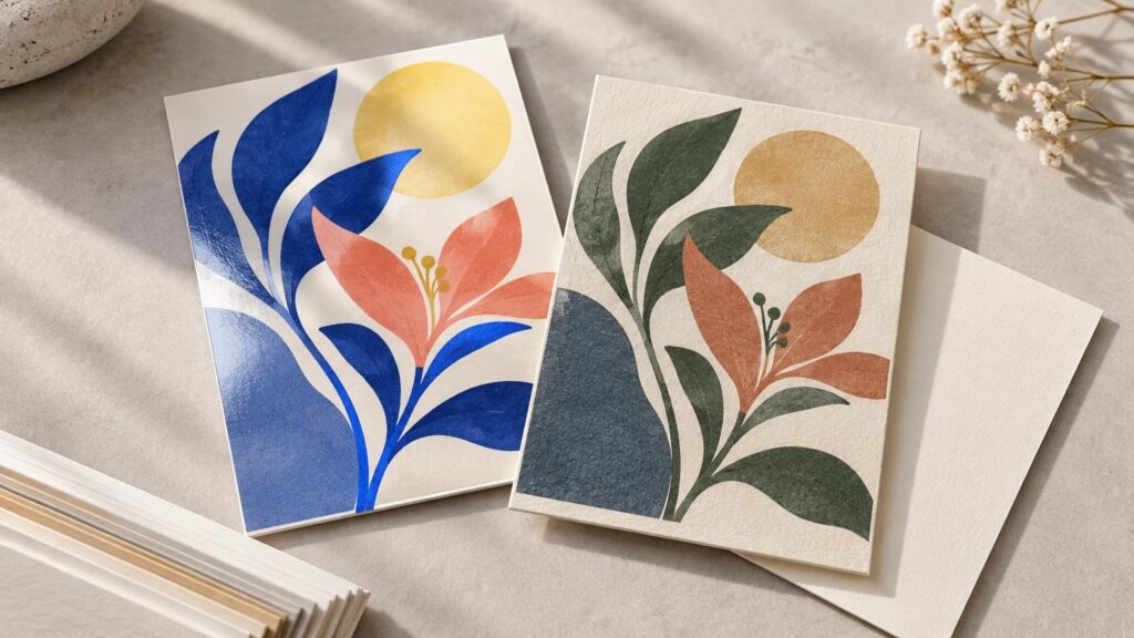Two botanical illustrated cards on a sunlit neutral tabletop: the left card has a smooth glossy finish with vivid blue and coral leaves, while the right card has a visibly textured matte cream surface with muted green and rust leaves.