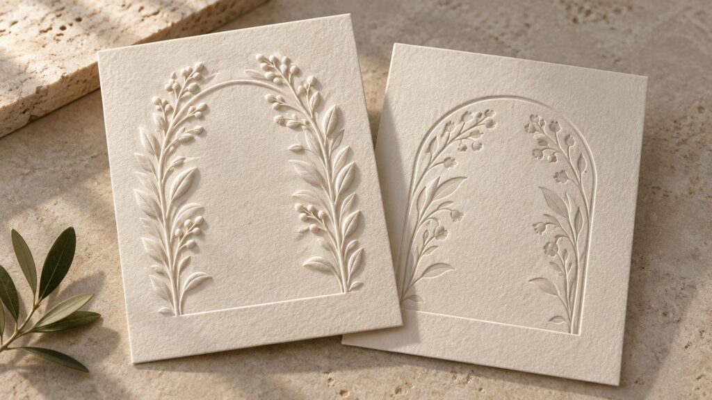 Two cream textured stationery cards on a stone surface, showing a raised floral border on the left and a recessed floral border on the right.