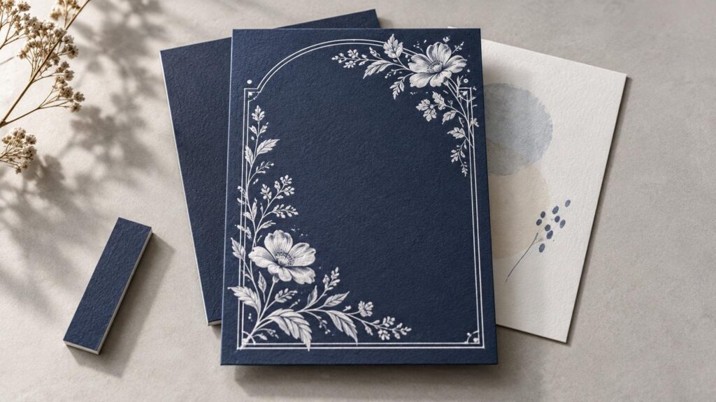 Layered navy and cream stationery cards on a textured beige surface, with a navy card featuring a white floral border and blank center, a small navy paper swatch, and dried flowers at left.
