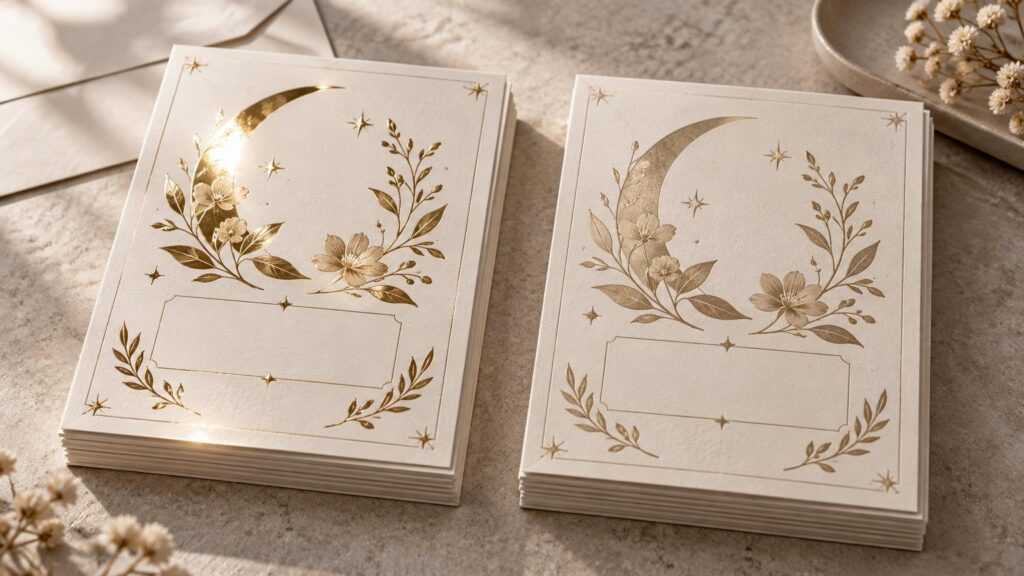 Two stacks of cream stationery cards with gold crescent moons, flowers, leaves, and stars; the left card has a bright reflective gold highlight while the right shows a subtler matte metallic-gold design.