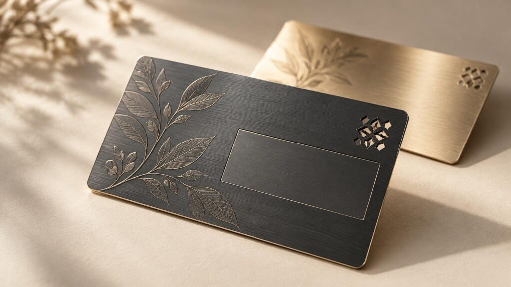 Two blank metal business cards on a warm cream surface: a dark brushed card with engraved botanical artwork and an outlined blank panel in front, with a gold-toned card behind.