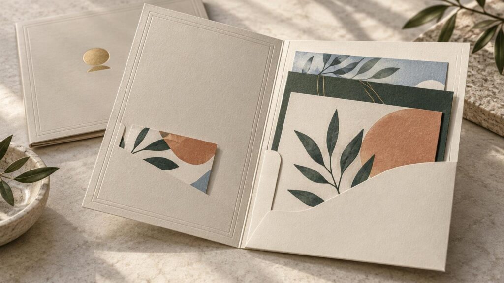 Open cream presentation folder with two curved pockets holding botanical-patterned cards, beside a matching closed folder with a small gold abstract mark on a stone surface.