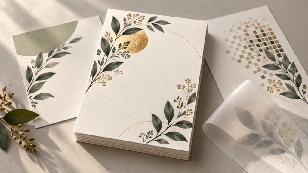 Warmly lit arrangement of cream stationery cards with green botanical illustrations, gold circular accents, a patterned card, translucent vellum, and sprigs of leaves.