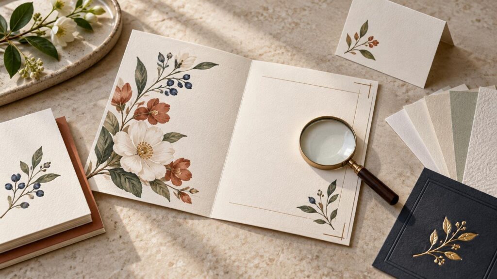 Overhead editorial still life of textured floral stationery cards, paper swatches, a magnifying glass, and a dark card with raised-looking gold botanical decoration on a stone surface.